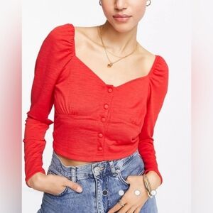 NWT Miss Selfridge Red Button Long Sleeve Crop Top Blouse